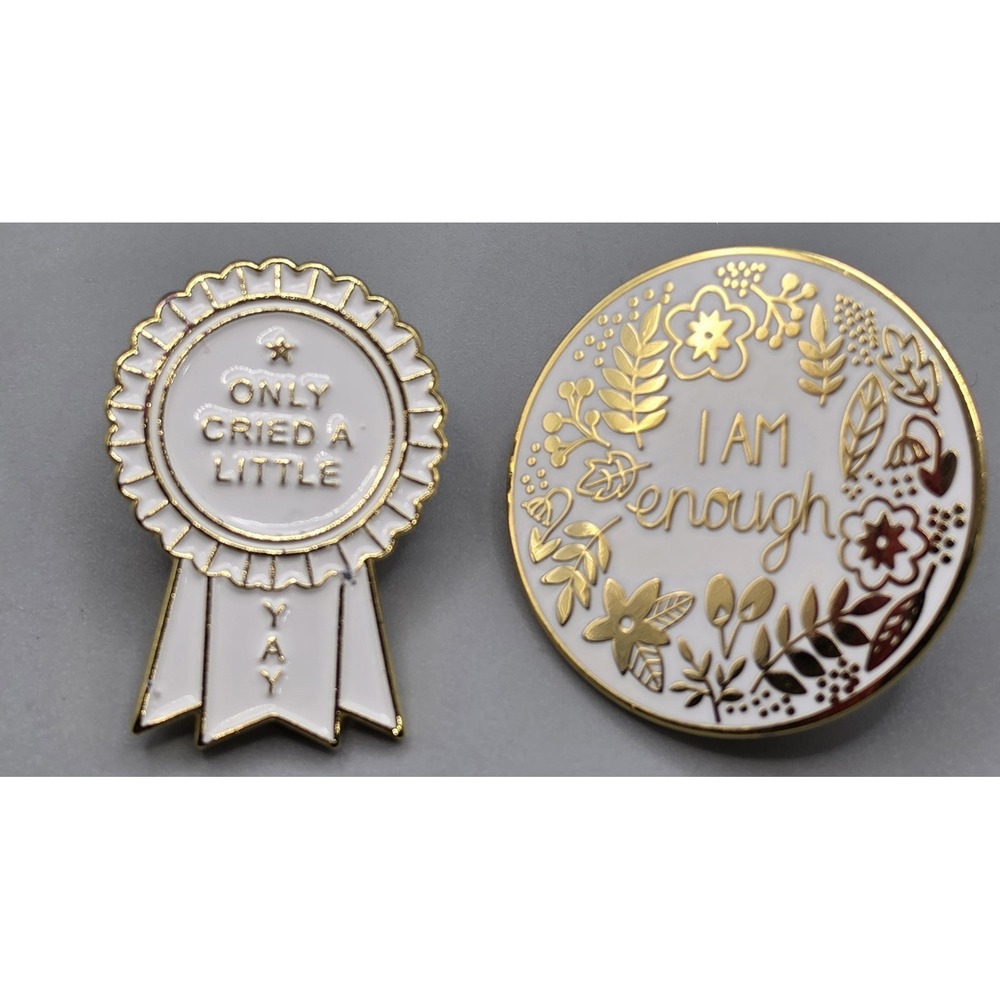 I Am Enough Only Cried A Little Enamel Lapel Pin Set Gold Tone Floral 2 Pc